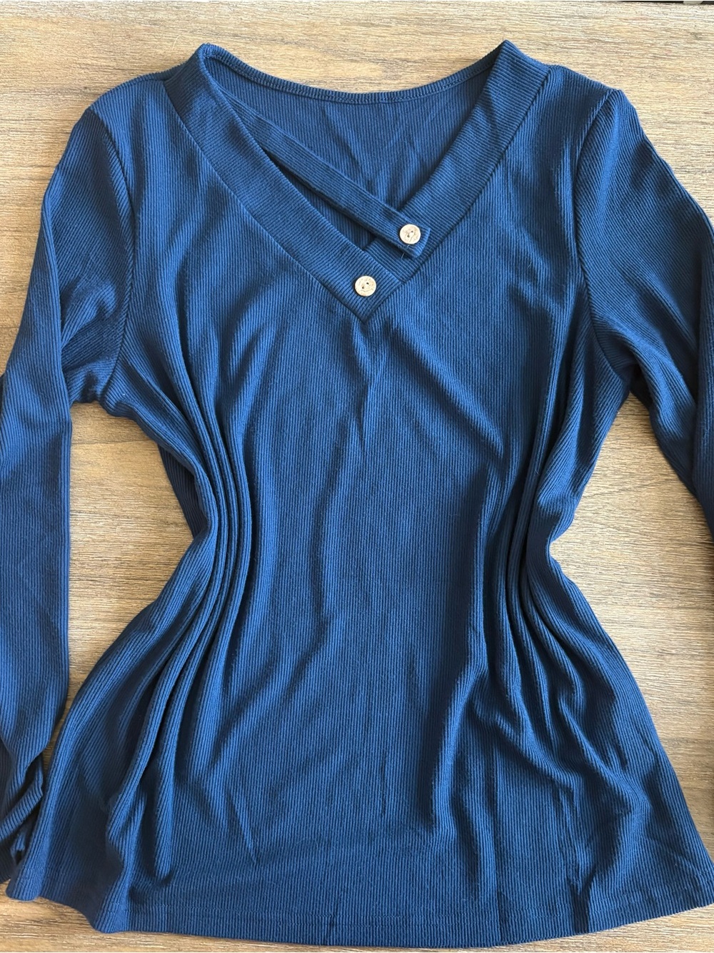 Women's Blue Ribbed V-Neck Long Sleeve Top